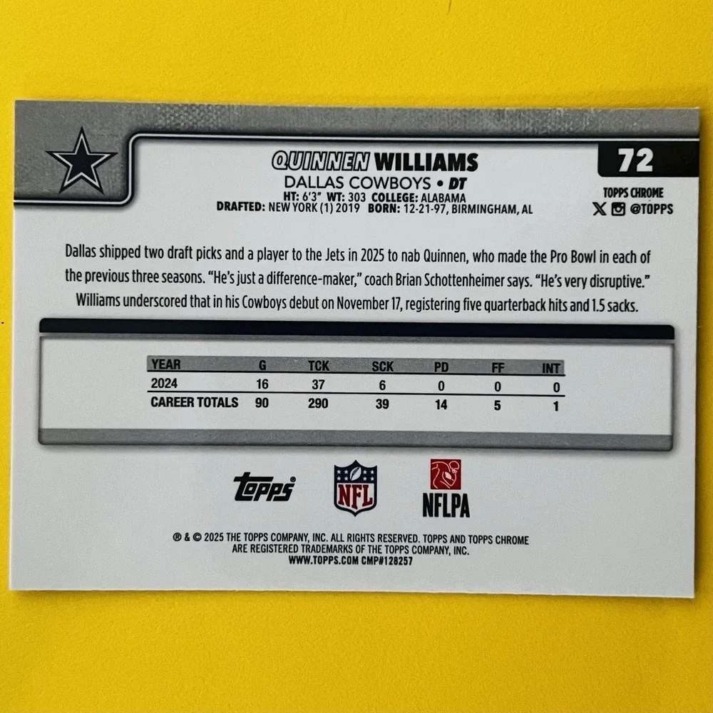 2025‎ Topps Chrome NFL Football Quinnen Williams #72 Dallas Cowboys
